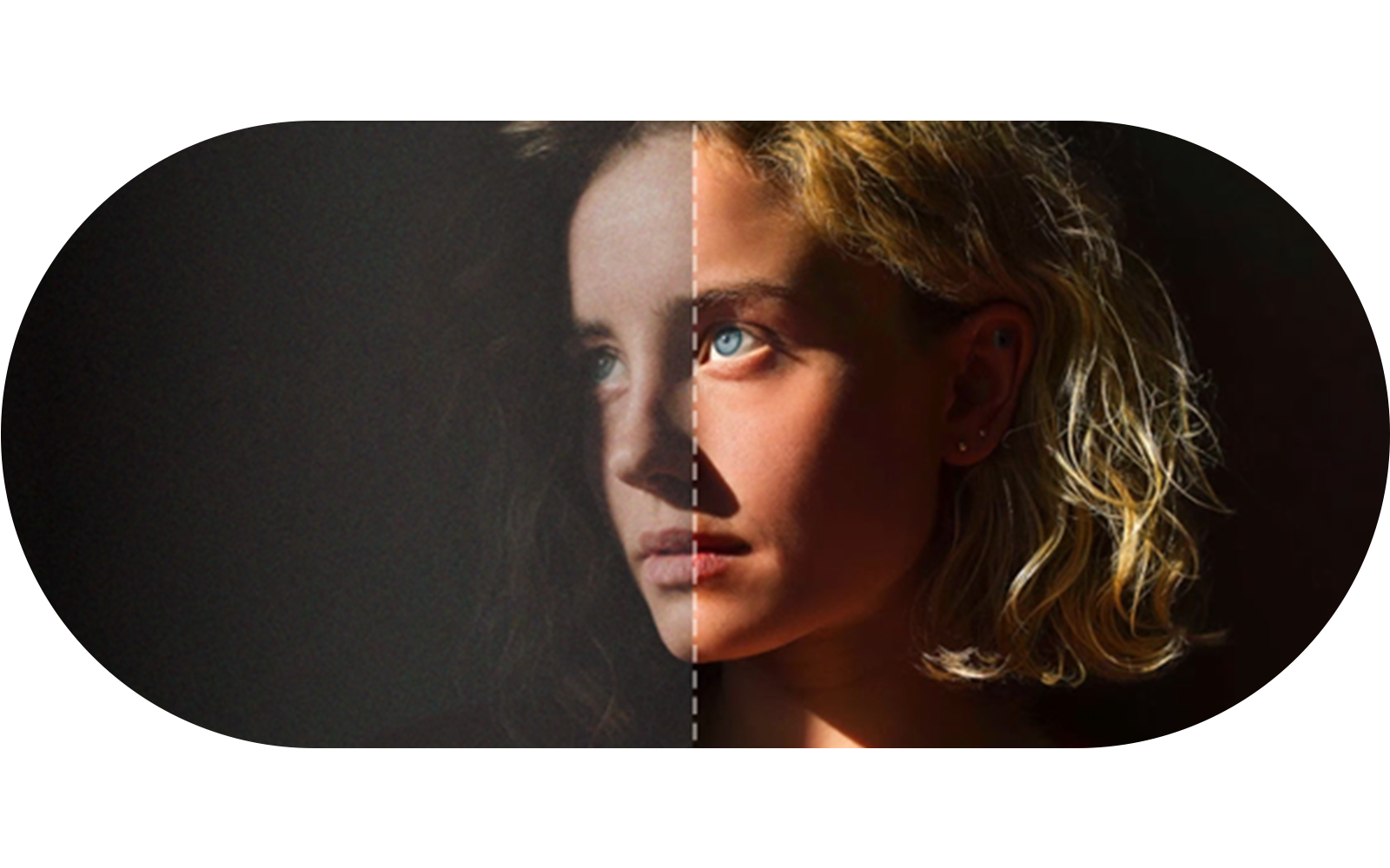 Woman's face projected on LG OLED evo TV with AI Upscaling includes upscaling 2K or 4K content to 8K